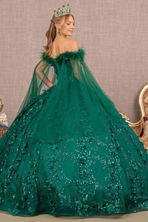 Elizabeth K GL3101 Feather Off-The-Shoulder Neck Quinceanera Gown