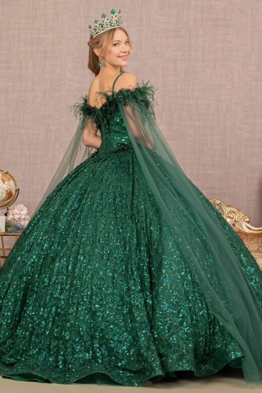 Elizabeth K GL3169 Cold-Shoulder Feather Neck Quinceanera Dress