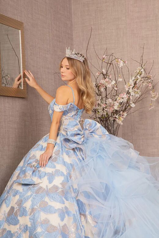 Elizabeth K GL3174 Cold-Shoulder Ruffled Train Quinceanera Gown