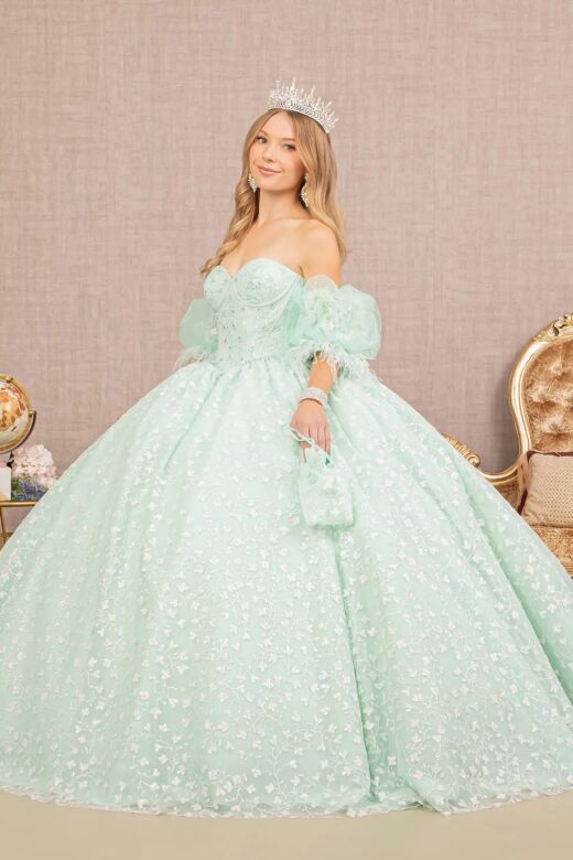 Elizabeth K GL3176 Feather Puff Sleeve Sweetheart Neck Quince Gown