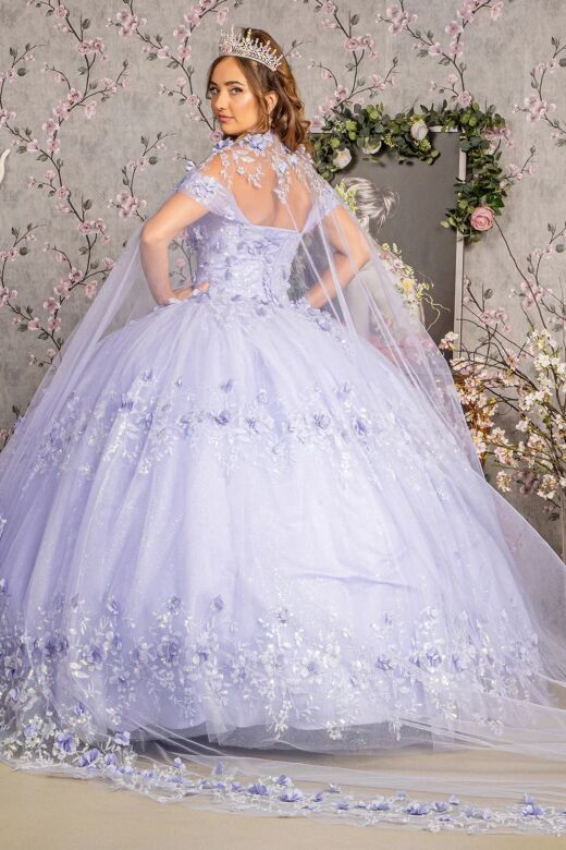Elizabeth K GL3179 Sheer Cape Off-The-Shoulder Quince Gown