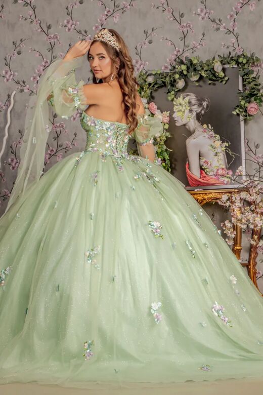 GLS by Gloria GL3300 Ruched Bodice Bell Sleeve Floral Quince Gown