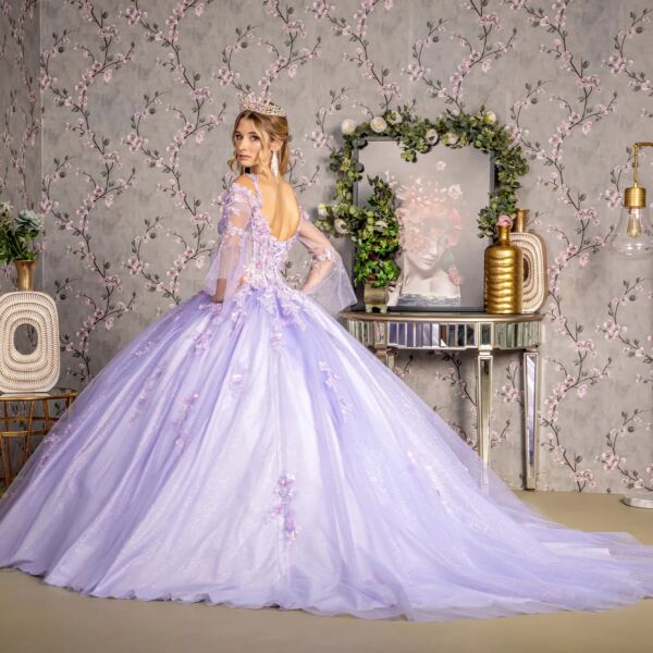 GLS by Gloria GL3484 Bell Sleeve Floral Cold-Shoulder Quinceanera Gown