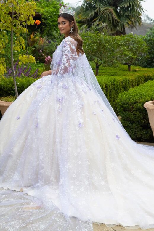 GLS by Gloria GL3501 Cape Sleeve Pleated Bust Applique Quince Gown