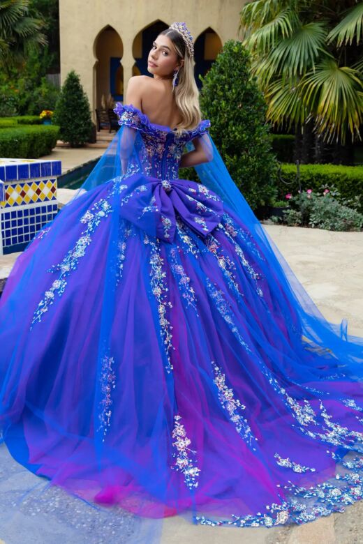 GLS by Gloria GL3518 Cape Sleeve Beaded Off-The-Shoulder Quince Gown