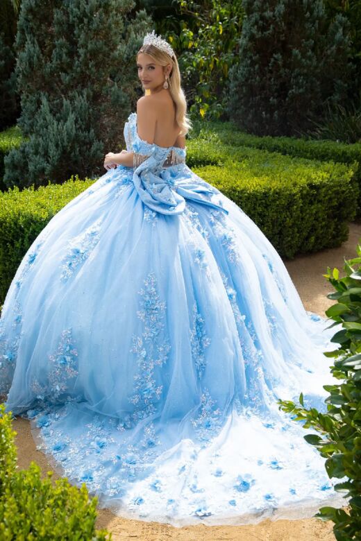 GLS by Gloria GL3525 Draped Sleeve Detachable Bow Quince Dress