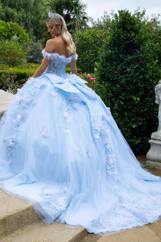 GLS by Gloria GL3555 Ruffle Off-The-Shoulder Back Bow Quince Dress