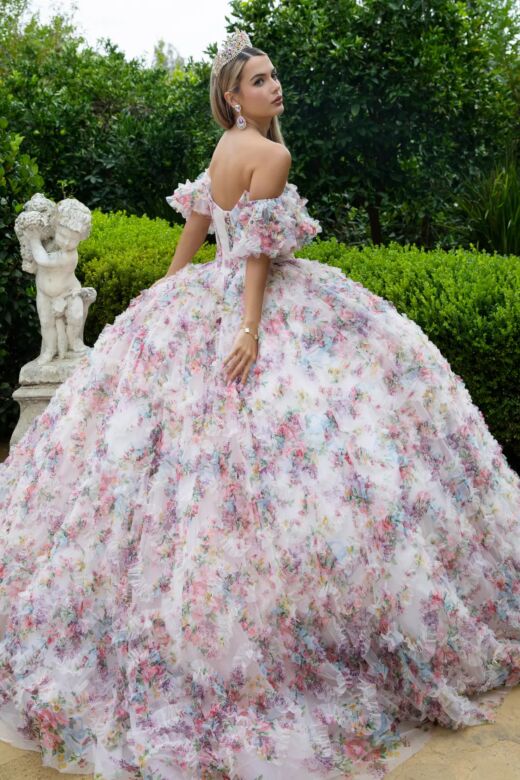 GLS by Gloria GL3609 Puff Sleeve Ruffle Skirt Floral Quince Dress
