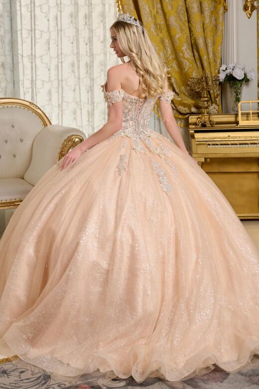 Elizabeth K GL3630 Champagne Off The Shoulder Lace-Up Quince Dress