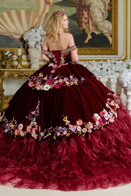 Elizabeth K GL3638 Burgundy Beaded Off The Shoulder Quinceanera Dress