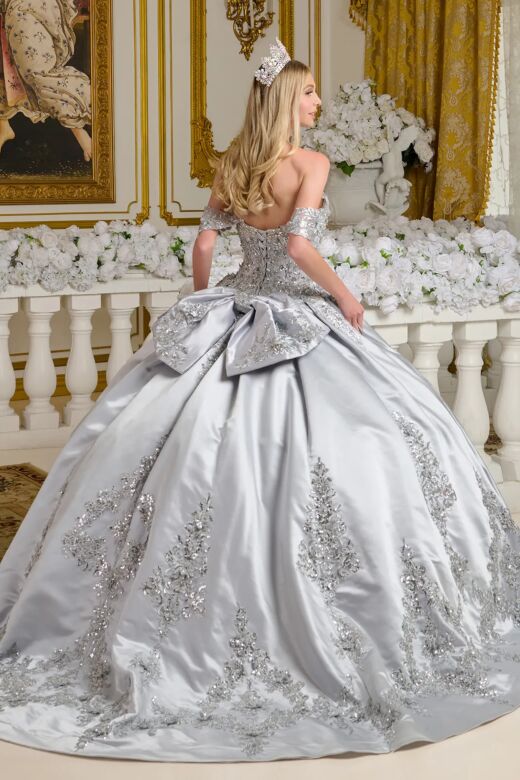Elizabeth K GL3643 Silver Satin Lace-Up Quinceanera Dress