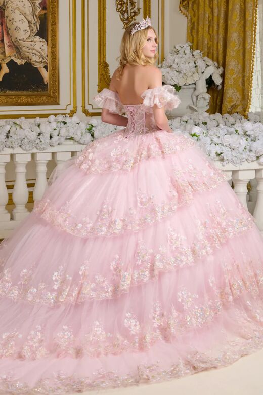 Elizabeth K GL3650 Baby Pink Tiered Skirt Lace-Up Quinceanera Dress