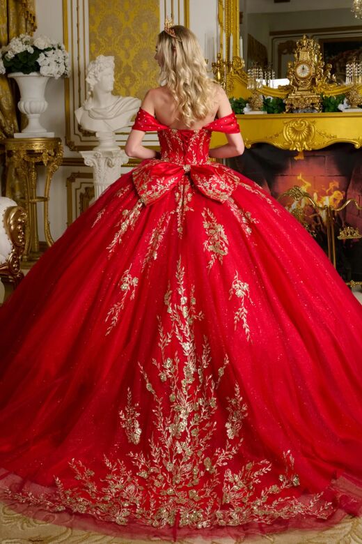 Elizabeth K GL3631 Red Two-Way Neckline Lace-Up Quinceanera Dress