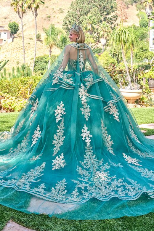 Elizabeth K GL3671 Green Sweetheart Neckline with Cape Quince Dress