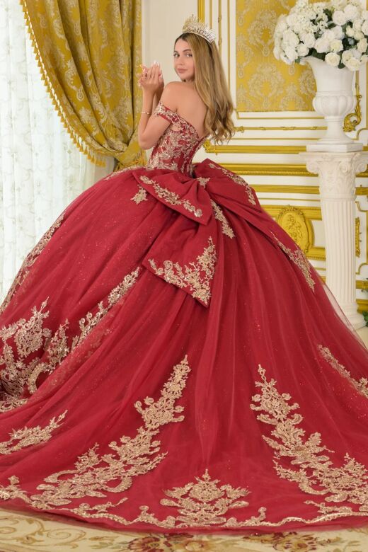 Elizabeth K GL3673 Burgundy Off The Shoulder Lace-Up Quinceanera Dress