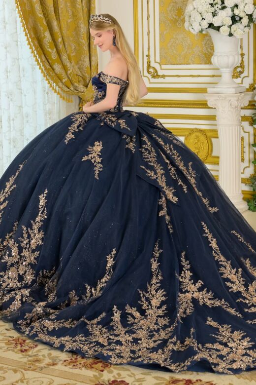 Elizabeth K GL3674 Navy Blue Two-Way Neckline Lace-Up Quince Dress