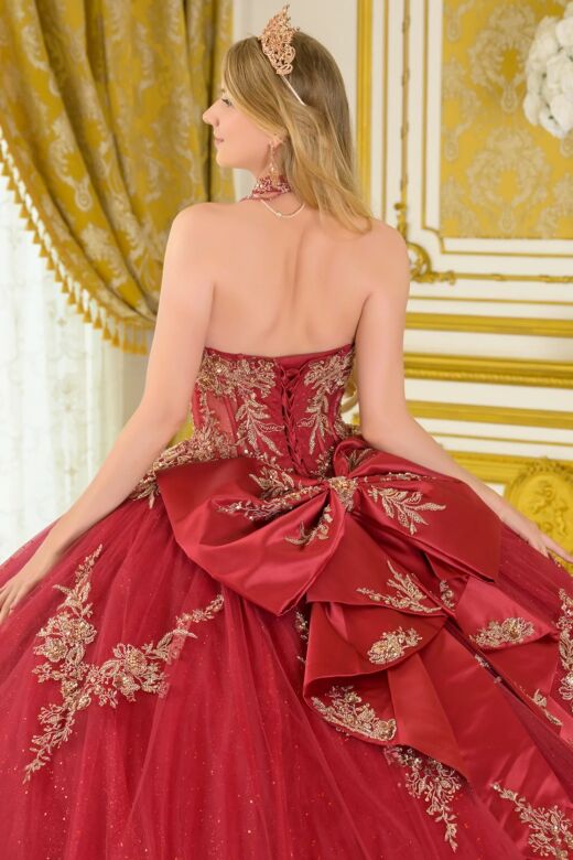 Elizabeth K GL3675 Burgundy Chapel Train with Choker Quinceanera Dress