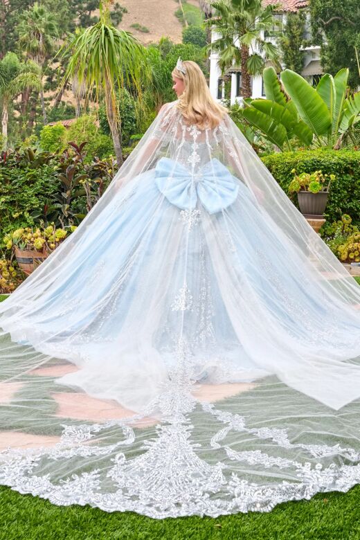 Elizabeth K GL3707 Blue Two-Way Neckline with Cathedral Cape Dress
