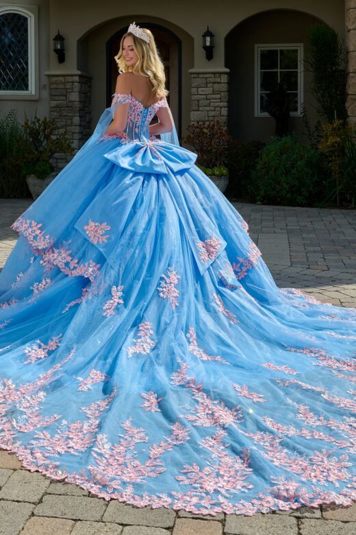 Elizabeth K GL3708 Bahama Blue Cape Sleeve Off The Shoulder Dress