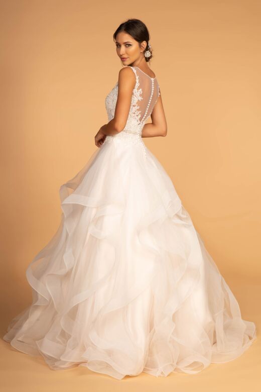 GLS by Gloria GL2599 Ruffle Skirt Illusion Back Bridal Dress