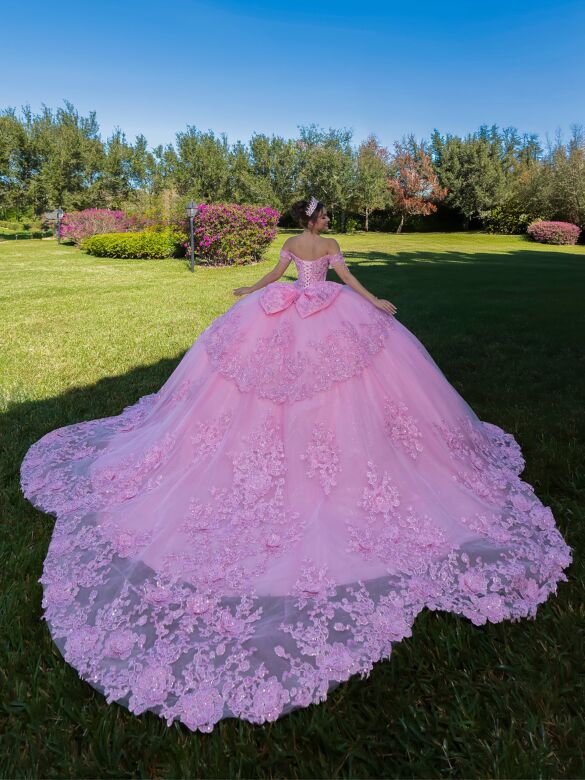 House of Wu 26142 Crystal Pink Petal Train Off The Shoulder Dress