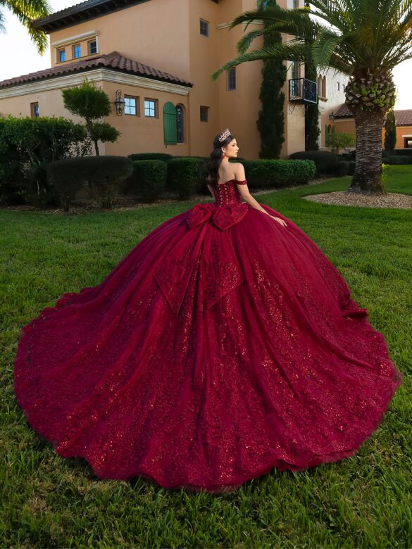 House of Wu 26148 Burgundy Cathedral Train Off The Shoulder Dress