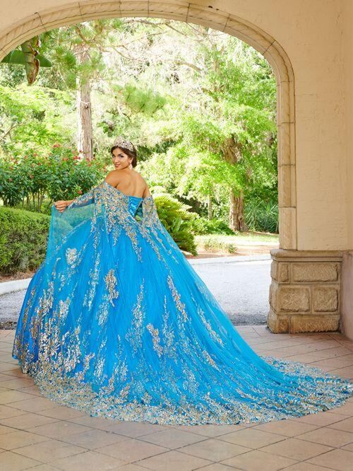 House of Wu 26083 Sheer Cape Sweetheart Neck Quince Dress