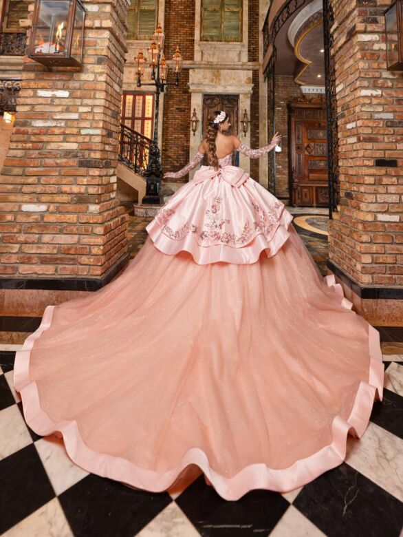 House of Wu 80036 Satin Peplum Gauntlet Sleeve Quince Dress
