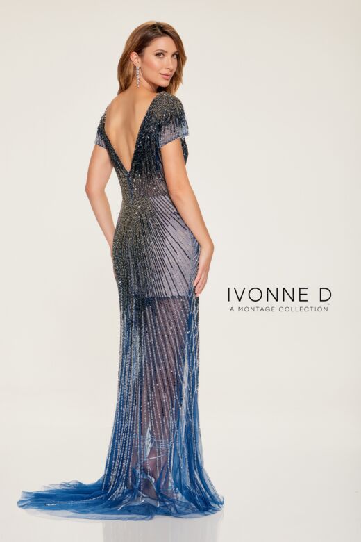 Ivonne D by Mon Cheri ID803 Plunging Neck Short Sleeve Beaded Dress
