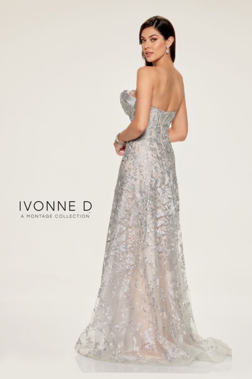 Ivonne D by Mon Cheri ID804 Pleated Neck Embroidered A-Line Dress