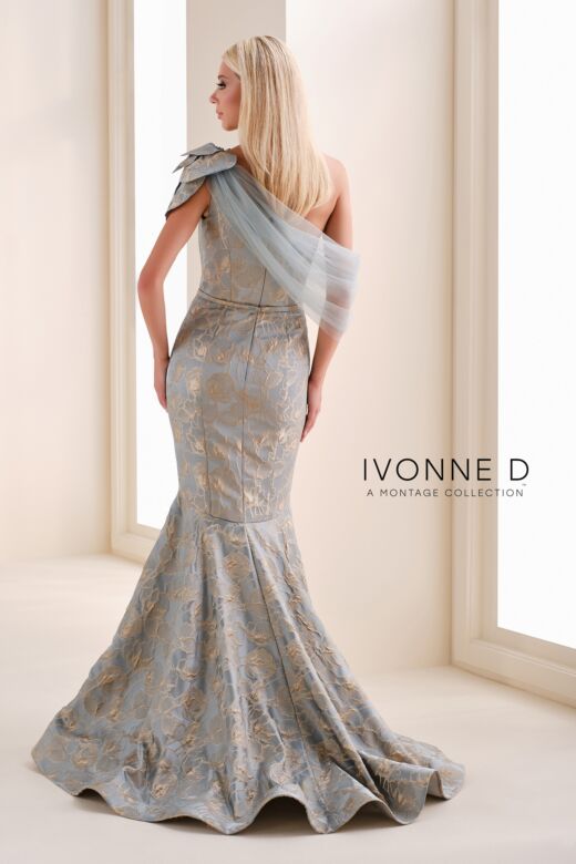 Ivonne D ID1201 Asymmetric Neck Draped Skirt Dress