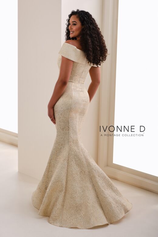 Ivonne D ID1204 Side Slit Off The Shoulder Brocade Dress