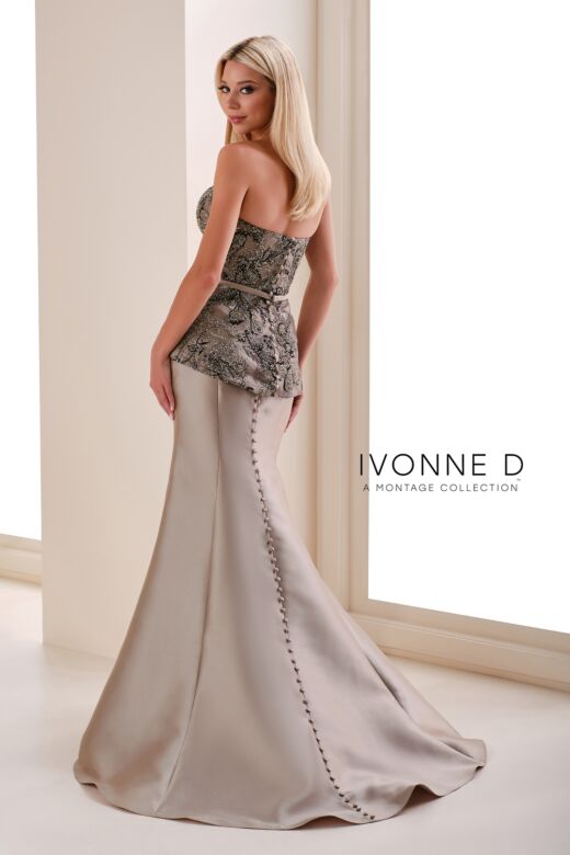 Ivonne D ID1207 Strapless Embroidered Peplum Dress