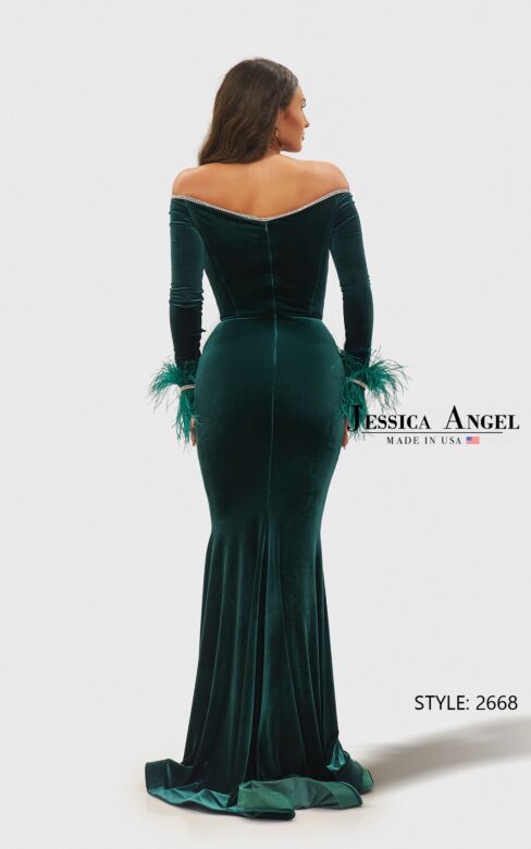 Jessica Angel JA2668 Feathered Cuff Off-The-Shoulder Velvet Dress