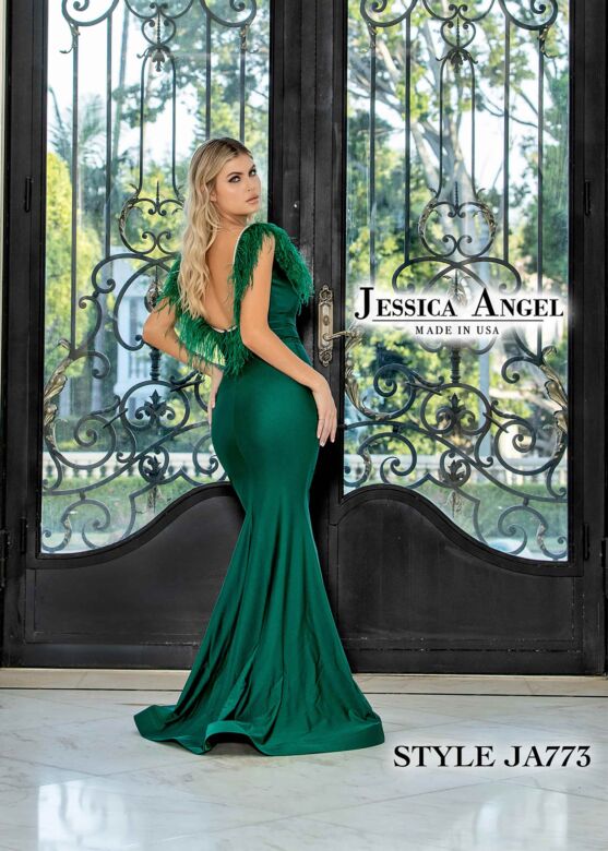 Jessica Angel 773 Scoop Back Feather Neckline Dress