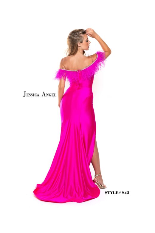 Jessica Angel 843 Feather Neckline High Slit Dress