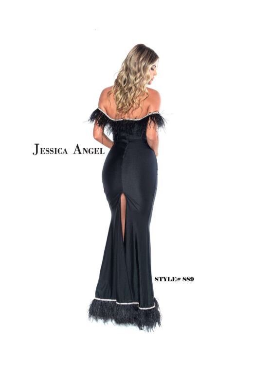 Jessica Angel 889 Back Slit Feather Neckline Dress