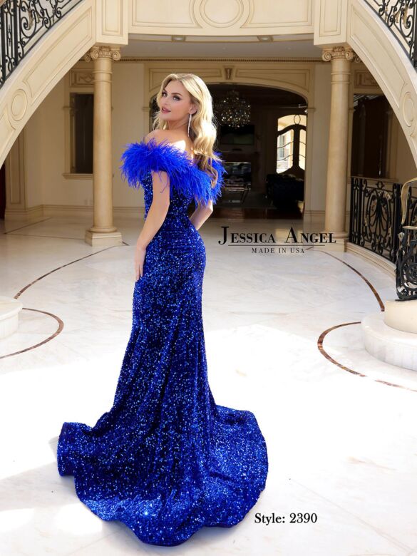 Jessica Angel 2390 Feather Neckline Sequin Dress