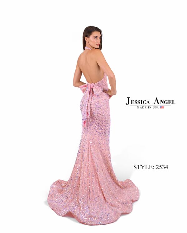 Jessica Angel 2534 Bow Back Halter Neck Sequin Dress