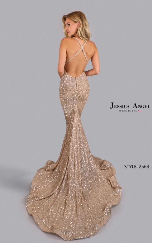Jessica Angel 2564 Cross Back Cowl Neck Sequin Dress