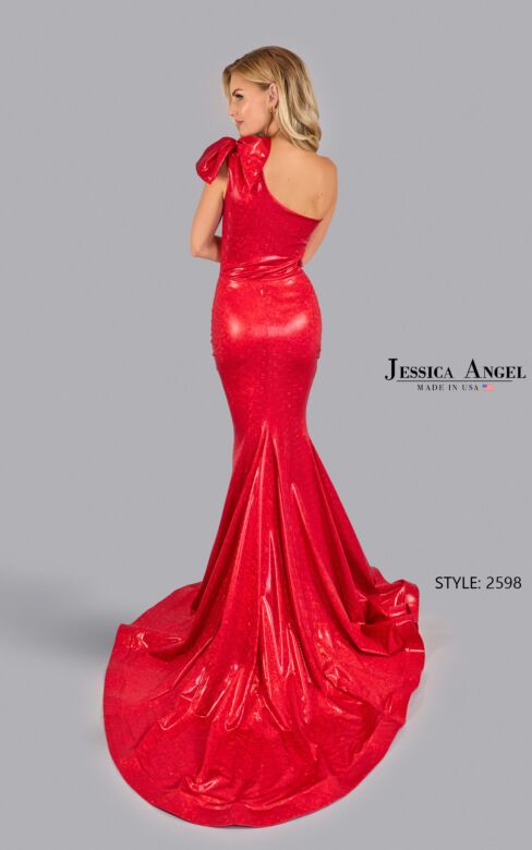 Jessica Angel 2598 Bow Sleeve One Shoulder Glitter Dress