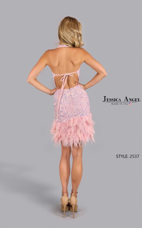 Jessica Angel 2537 Feather Hem Halter Neck Sequin Dress