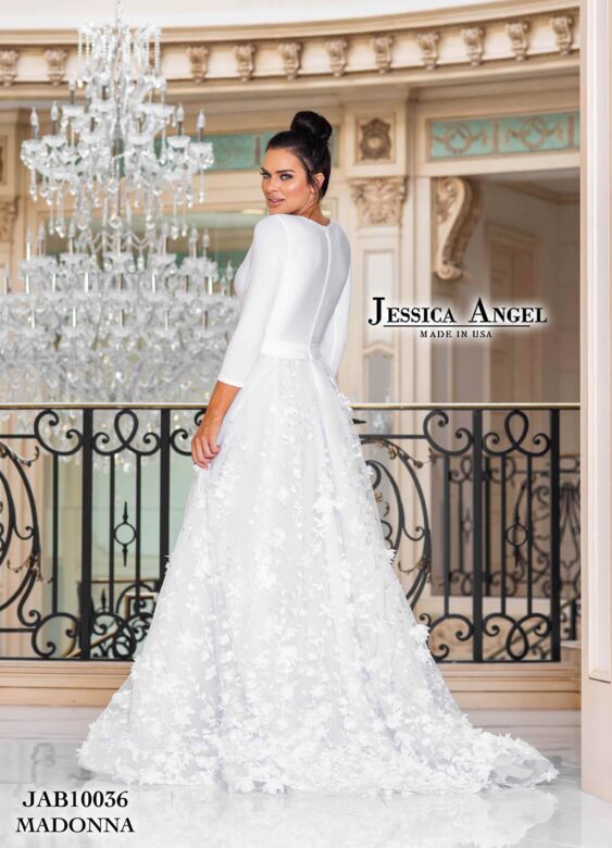 Jessica Angel 10036 Floral Skirt Three Quarter Sleeve Wedding Dress