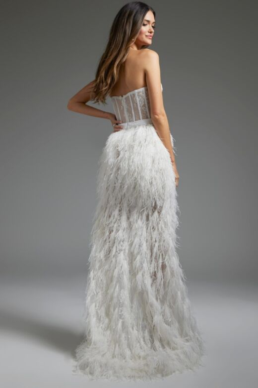 Jovani JB37327 Feather Skirt Lace Corset Bridal Dress