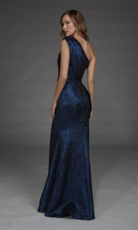 Alyce Paris 27885 Side Ruffle Asymmetric Neck Jacquard Dress