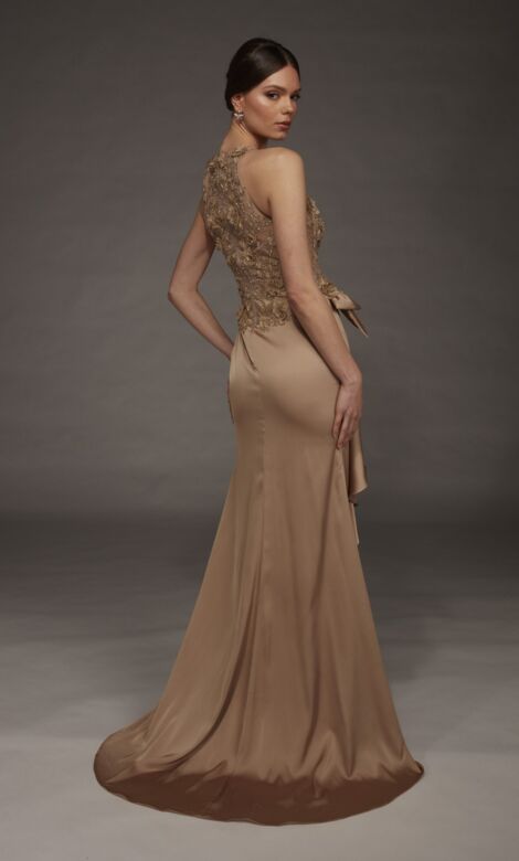 Alyce Paris 55006 High Neck Draped Satin Skirt Dress