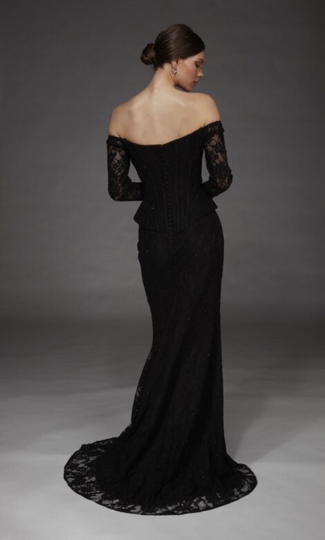Alyce Paris 55018 Corset Bodice Long Lace Sleeve Black Dress
