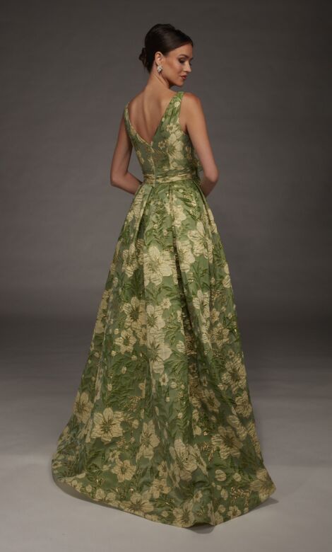 Alyce Paris 55024 Sleeveless Green Pleated Jacquard Skirt Dress
