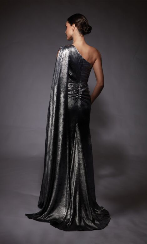 Alyce Paris 27753 Hanging Sleeve One-Shoulder Metallic Dress