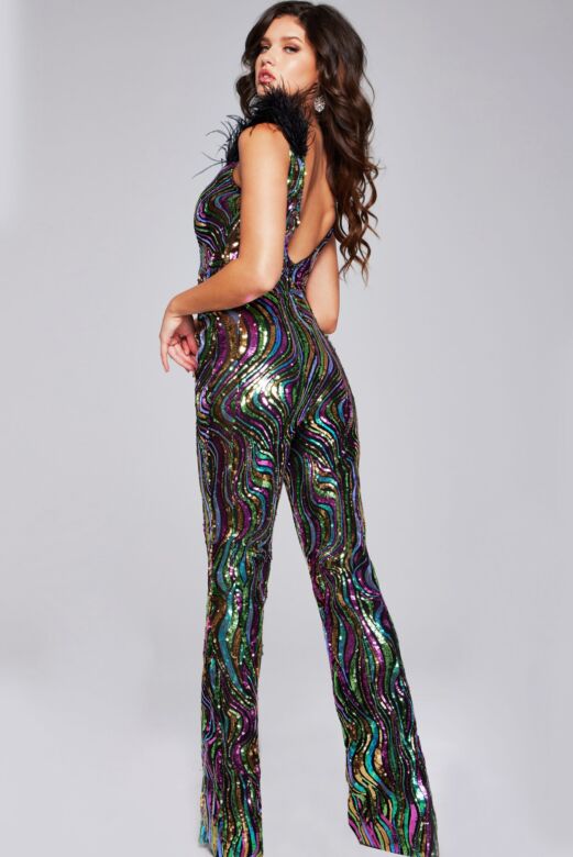 Jovani 37276 Feather Straps Sequin Jumpsuit
